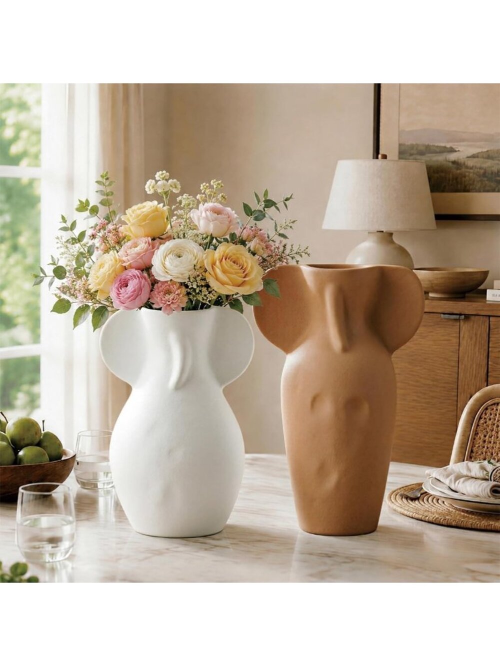 Set of 2 Modern Ceramic Abstract Flower Vases - Minimalist Home Decor for Living
